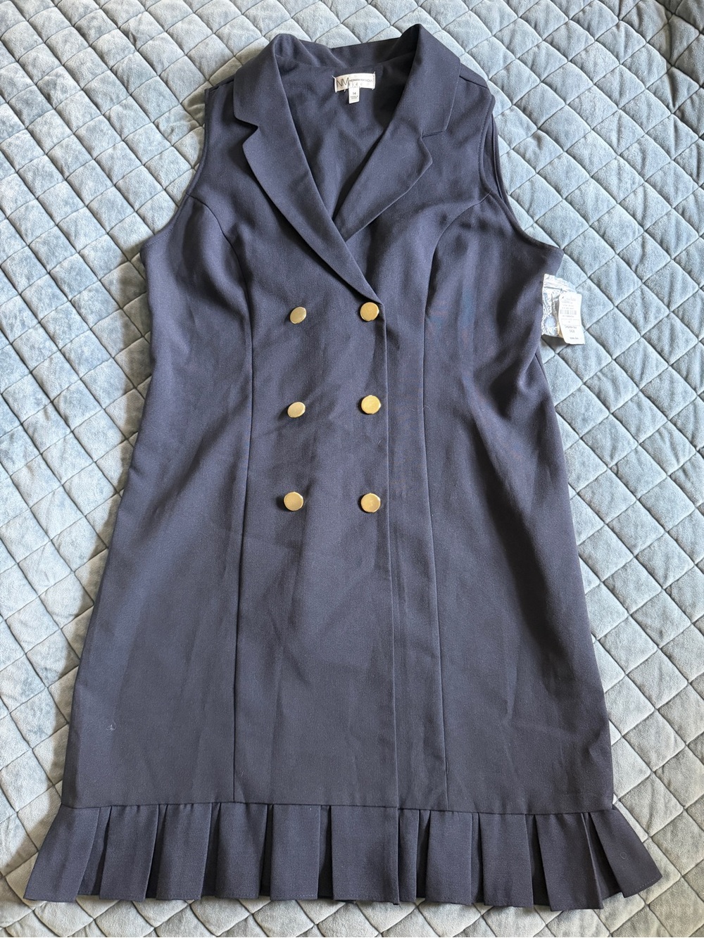 Neiman Marcus Navy Sleeveless Double-Breasted Dress with Gold Buttons